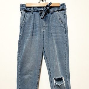 Cute ripped bow waistline jeans